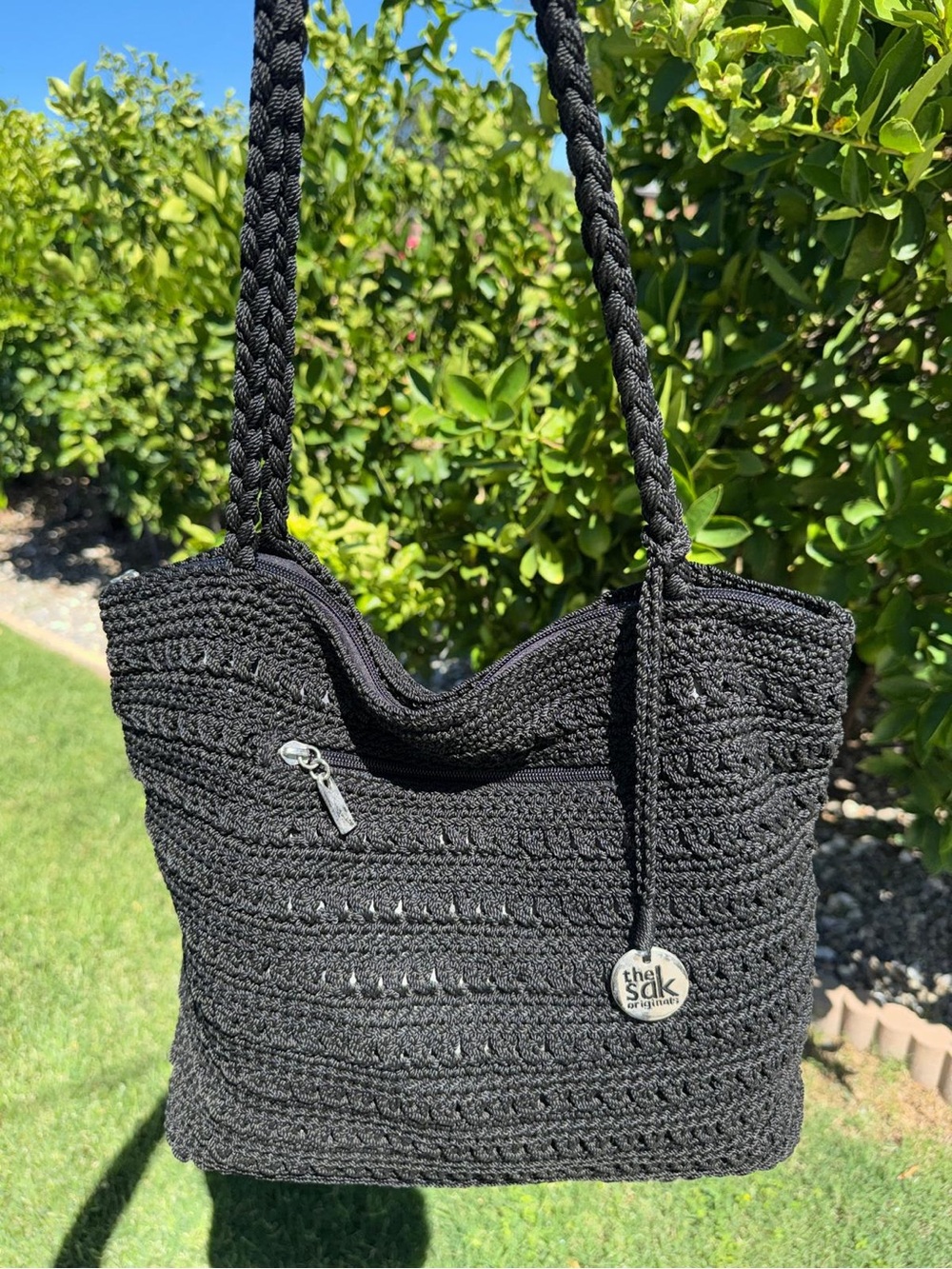 Vintage The Sak Black Crochet Black Woven Tote Boho Granny Shoulder Bag Purse - Picture 7 of 15